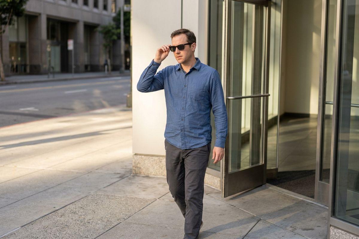 Adult in a blue shirt and gray trousers walking along a city sidewalk, adjusting sunglasses while passing a building's glass doors.