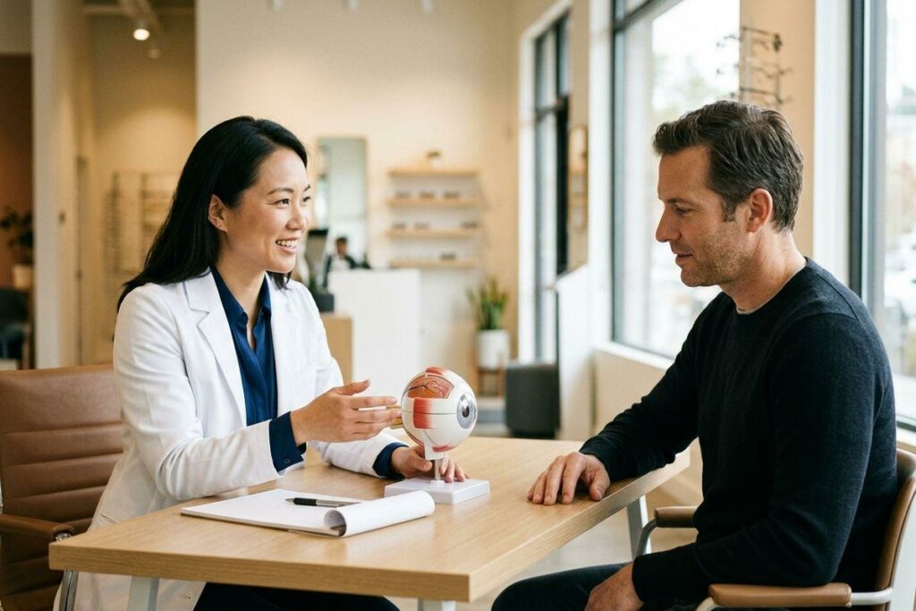 Optometrist smiling while pointing to an anatomical eye model on a table, explaining it to a patient seated across in an eyewear clinic.