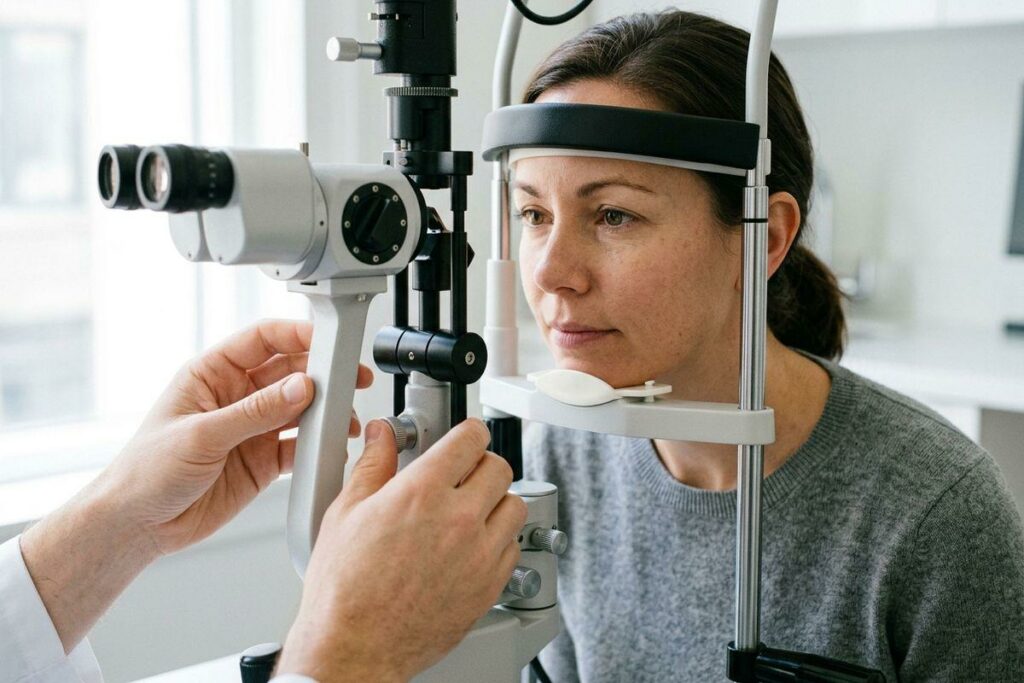 Patient rests chin and forehead in a slit lamp while an optometrist's hands adjust the instrument during an eye exam.