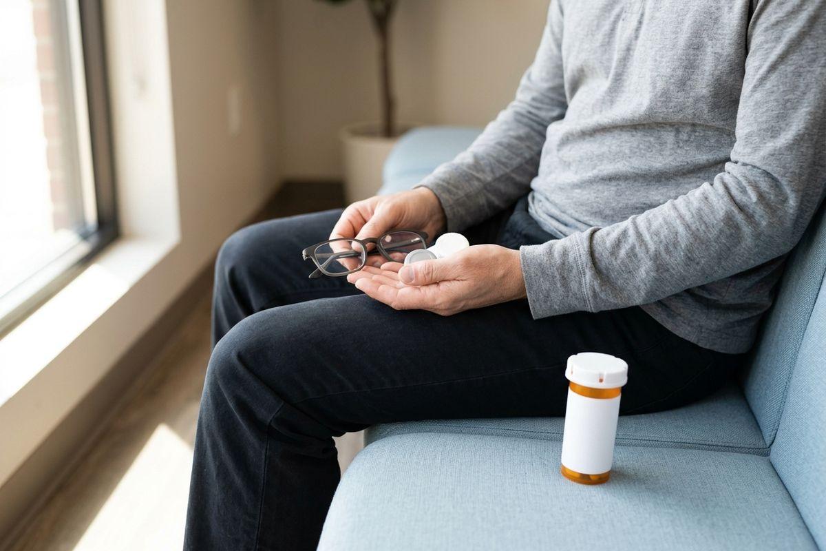 Person seated on a light blue couch holding eyeglasses and a contact lens case, with a pill bottle on the cushion beside them.